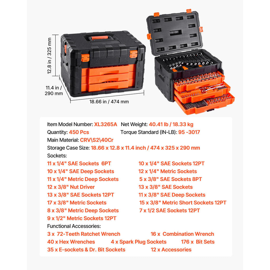 SucceBuy Mechanics Tool Set and Socket Set 450 Pcs 1/4-, 3/8-& 1/2-inch Drive Deep and Standard Sockets w/ Bits Wrenches Accessories