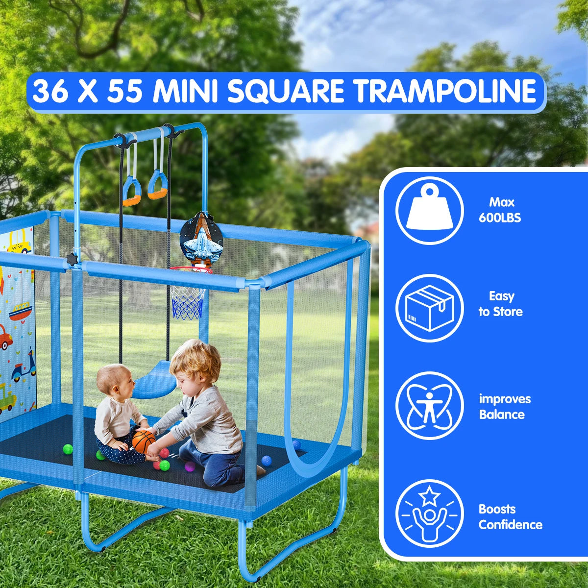 Indoor Kids Trampoline with Safety Enclosure - 6-Leg Steel Frame, UV-Resistant Mat & Rings for Toddlers
