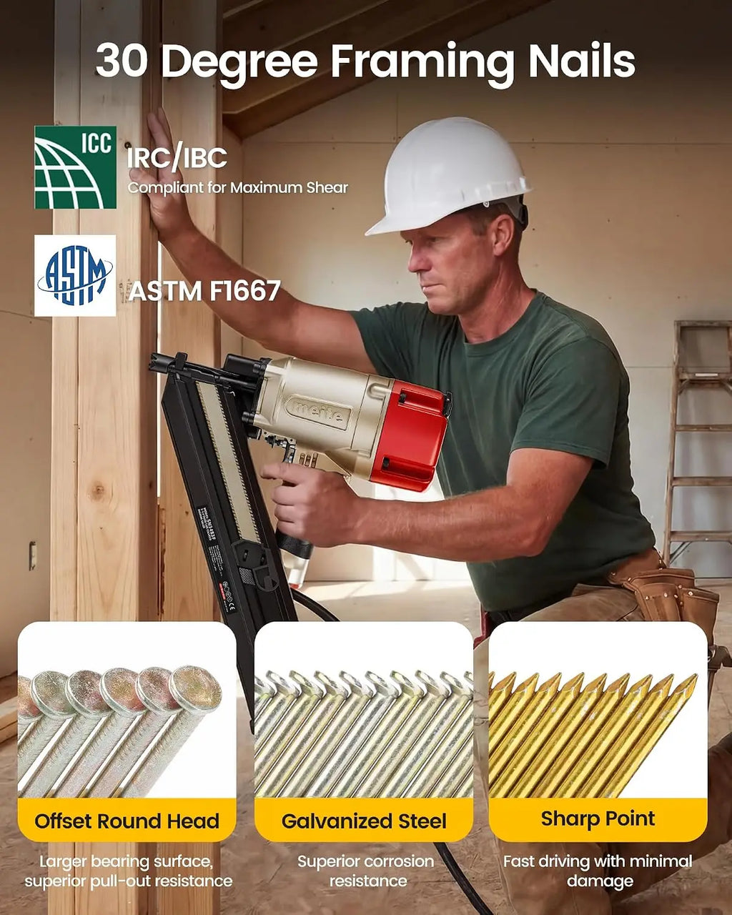 Meite 30 Degree Framing Nails 2-3/8 Inch Galvanized Paper Collated for Framing Nailer Gun, Offset Round Head Smooth Shank for Decking