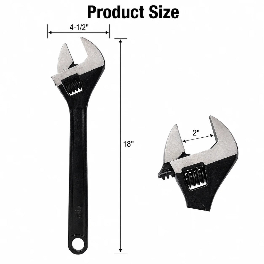 18 Inch Adjustable Wrench Wide Jaw Spanner 2 Inch Jaw Opening Long Handle Tool for Plumbing Auto Repair Nuts Bolts Fasteners