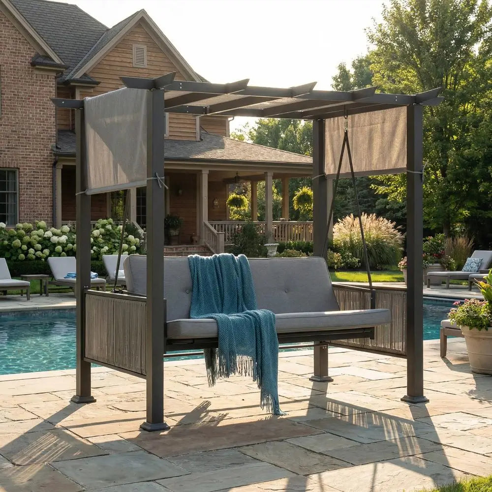 Seat Pergola Swing Bench, 2in1 Porch Swing Bed, Garden Swing Adjustable UV Canopy amp Curtains, Olefin Cushions, 330 lb Seat, R