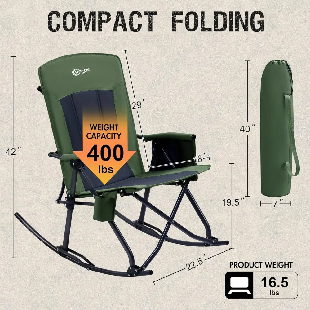 Portal Oversized Folding Rocking Camping Chair Portable Outdoor Rocker with High Back Hard Armrests Carry Bag Supports 400 lbs