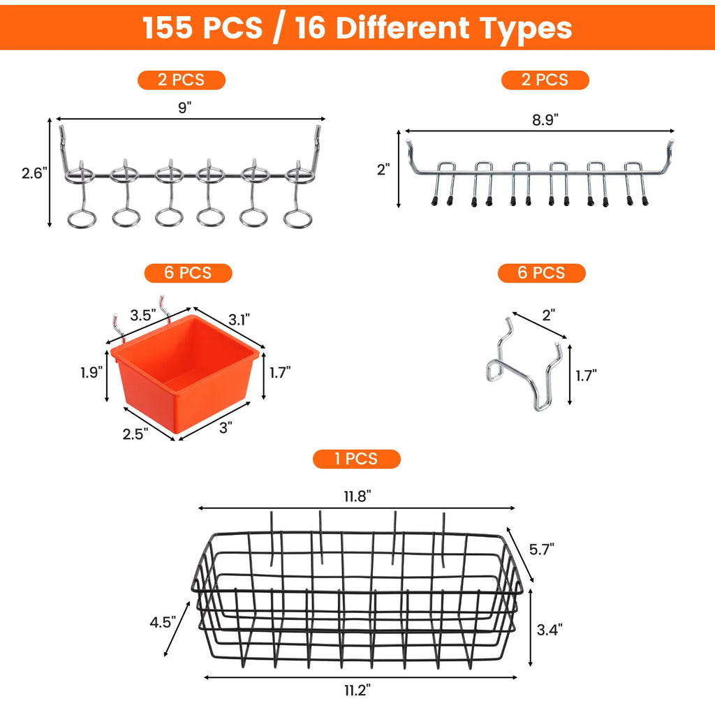 155pcs/set Pegboard Hooks Wall Hanging Kit, Tool Peg Board, Accessories Organizer Kit with Various Hook/Bins/Baskets. By ENJOYWOOD