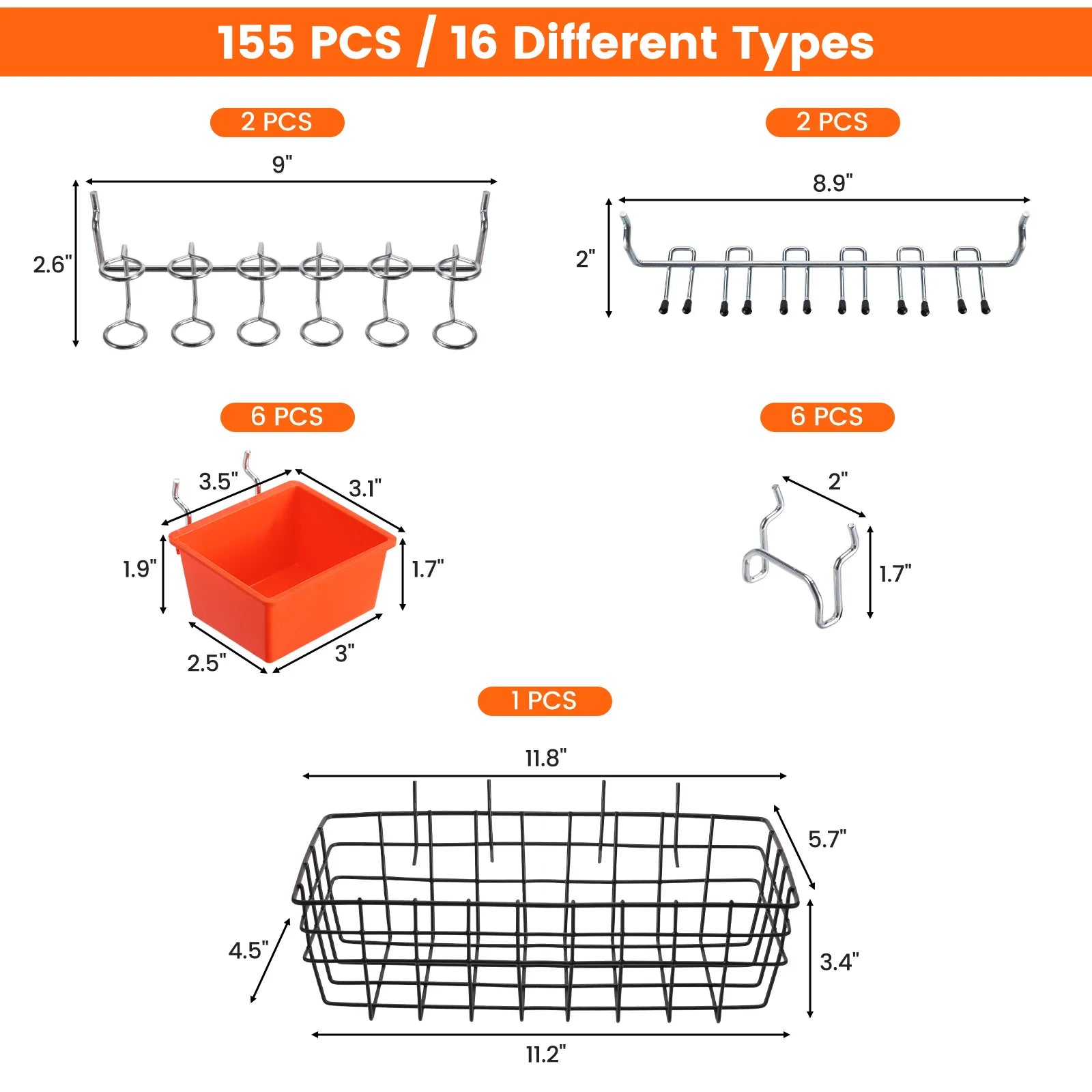 155pcs/set Pegboard Hooks Wall Hanging Kit, Tool Peg Board, Accessories Organizer Kit with Various Hook/Bins/Baskets. By ENJOYWOOD
