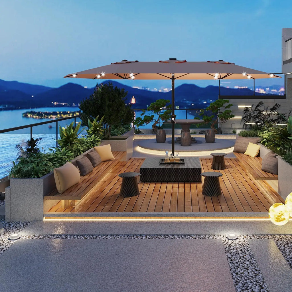 15Ft Outdoor Patio Umbrella, Umbrella With Solar LED Lights & Base, Large Rectangle Sunshade W/Crank Handle, UV Protection For Pool/Lawn