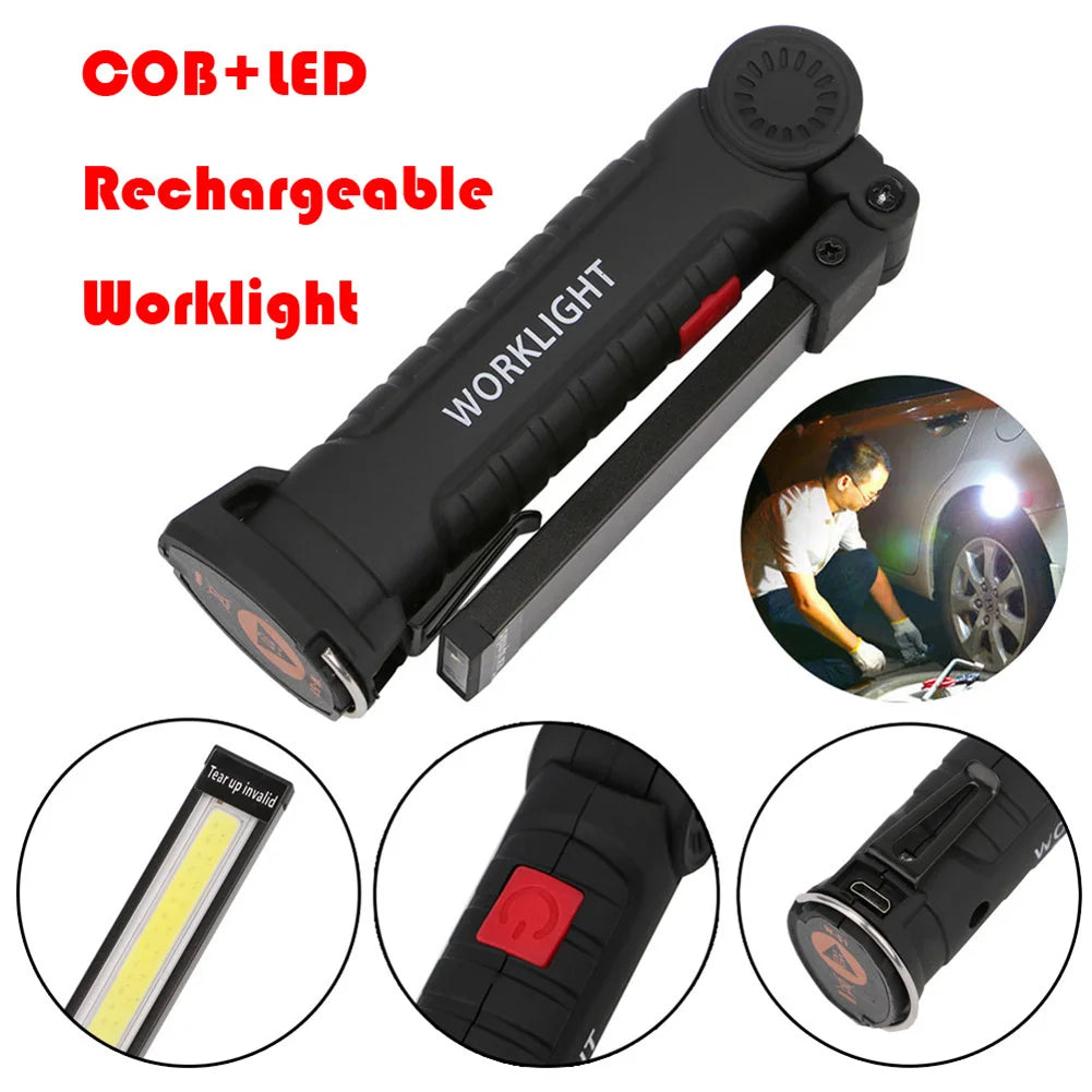 COB High Power LED Flashlight, USB Rechargeable, Hanging Hook, Magnet, 5 Modes