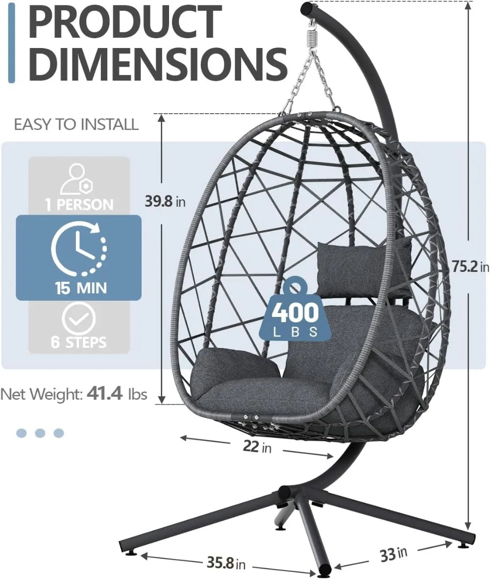 Hanging Egg Chair with Stand, Outdoor Rattan Wicker Swing with Cushion, Heavy Duty Patio Hammock for Garden, 400LBS Capacity