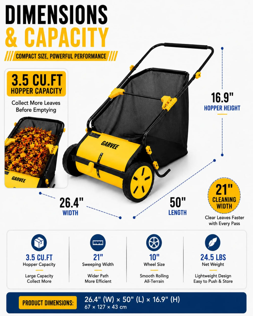 Garvee 21 Inch Push Lawn Sweeper, Manual Leaf & Grass Collector With 3.5 Cu.Ft. Mesh Bag, Wheel-Driven Yard Sweeper, 10-Level Height Adjust