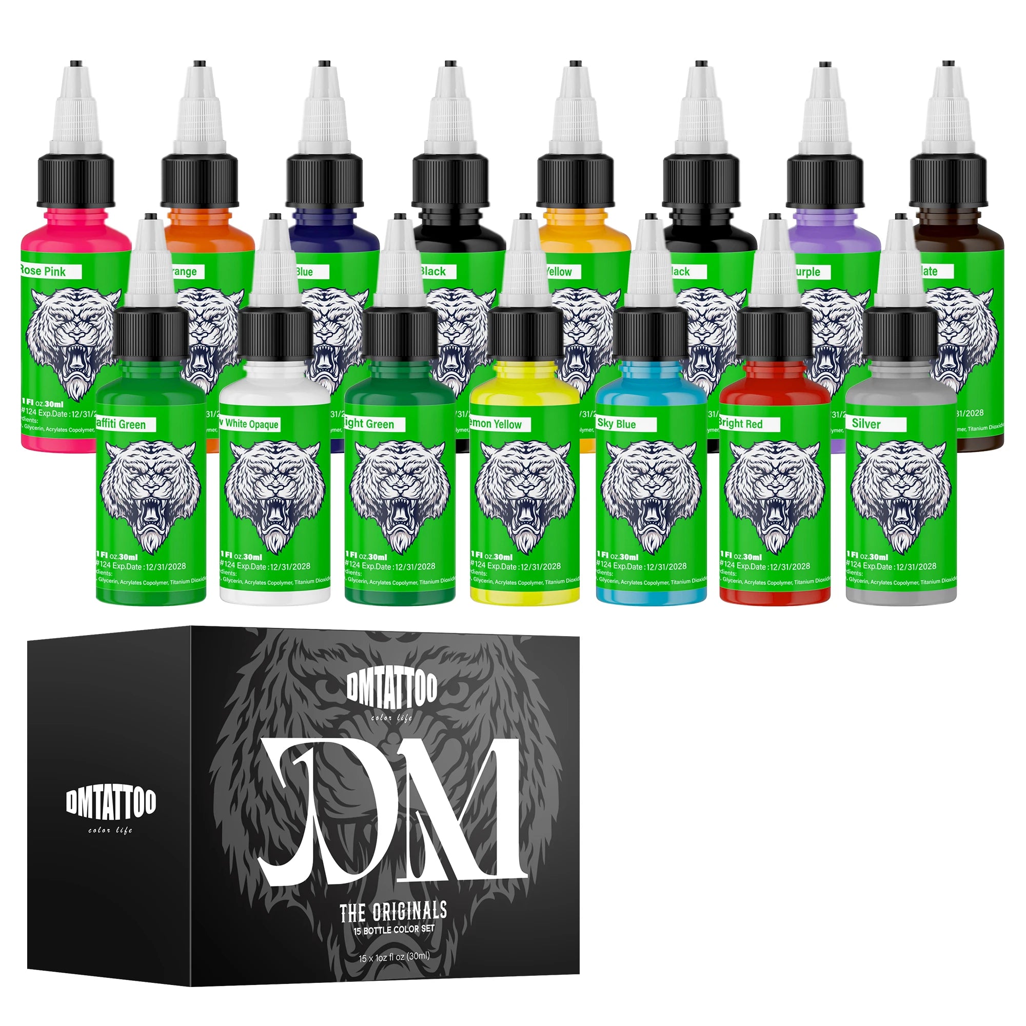 DM 30ml Tattoo Ink, 15 Colors, Natural Plant Extract Pigment Tattoo Paint, Long Lasting No Color Loss Professional Tattoo Ink