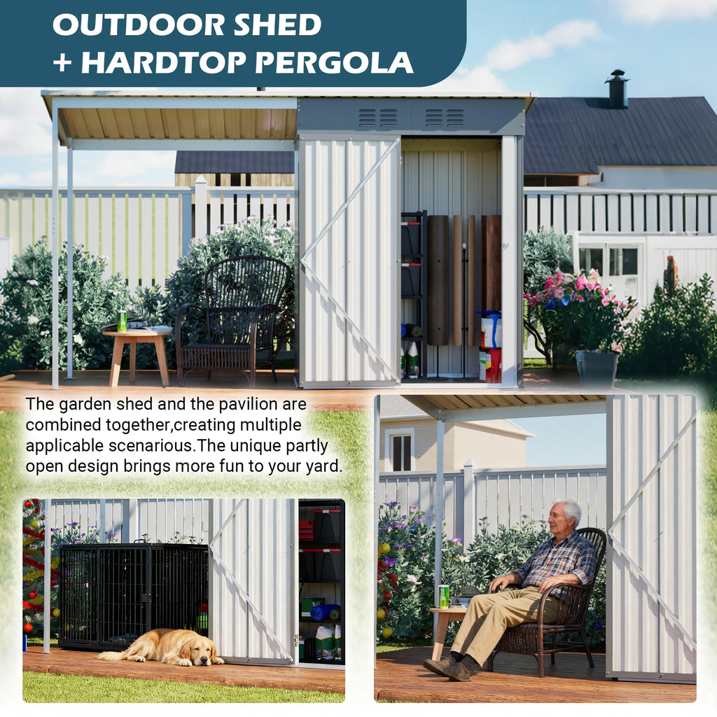 Thanaddo 5x3 FT Metal Outdoor Storage Shed with Attached Hardtop Pergola, Lockable Double Door Garden Tool House with 2 Air Vents, Sloped Weatherproof Roof