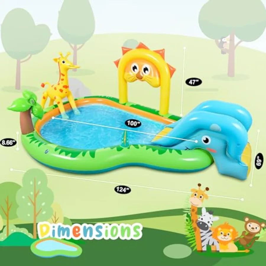 Sulifeel Zoo-Themed Inflatable Play Center Kiddie Pool with Slide and Sprinkler for Backyard and Garden Use PVC Material Blue, Green, Yellow