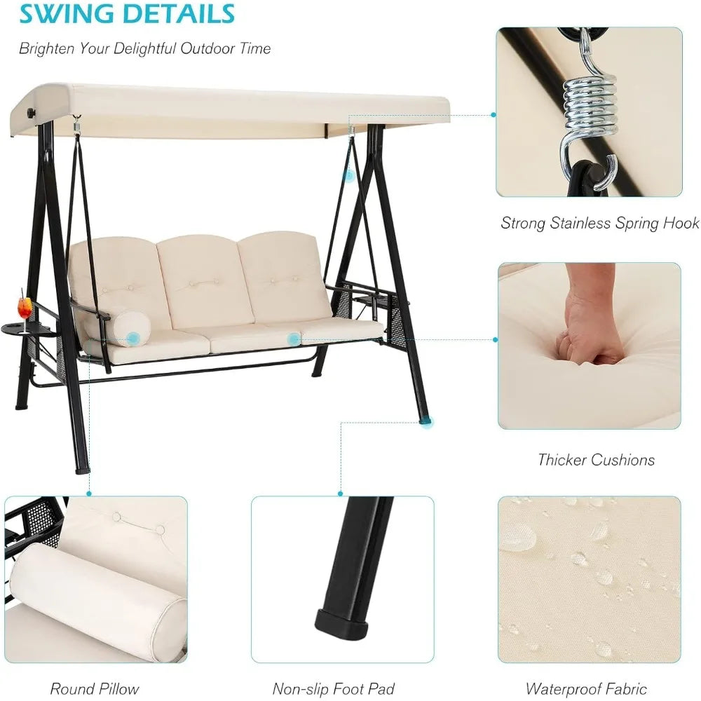Outdoor Porch Swing 3-Seat with Adjustable Canopy, Beige Cushions for Backyard Garden Poolside