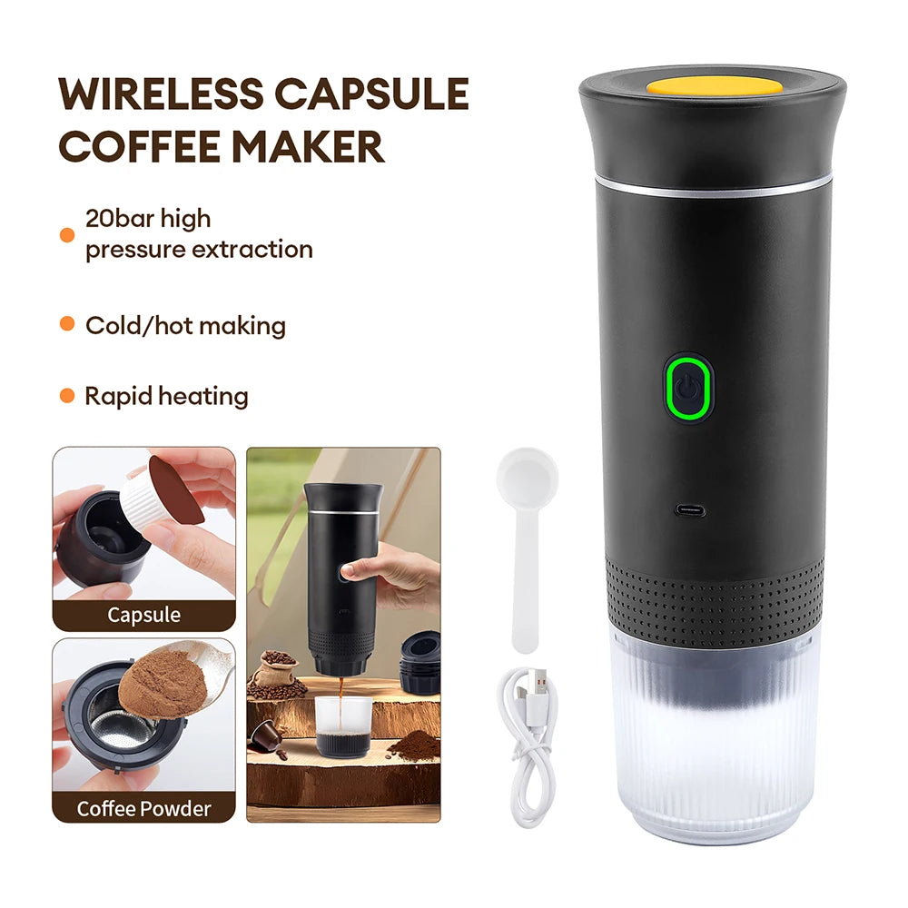 Obecile Portable Wireless Electric Espresso Coffee Machine For Travel &Car &Home Camping Coffee Maker 3-in-1 Capsule Powder Coffee Maker