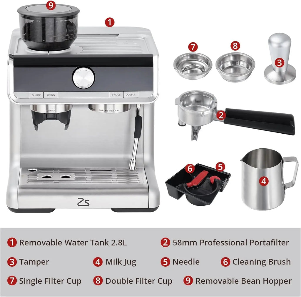 HiMiss Espresso Machine 20 Bar, Semi-Automatic Espresso Maker with Grinder, Stainless Steel, Latte & Cappuccino Espresso Coffee Machine with/Automatic Milk Frother & 95 oz Water Tank for Office