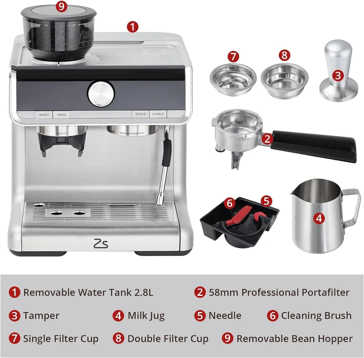HiMiss Espresso Machine 20 Bar, Semi-Automatic Espresso Maker with Grinder, Stainless Steel, Latte & Cappuccino Espresso Coffee Machine with/Automatic Milk Frother & 95 oz Water Tank for Office
