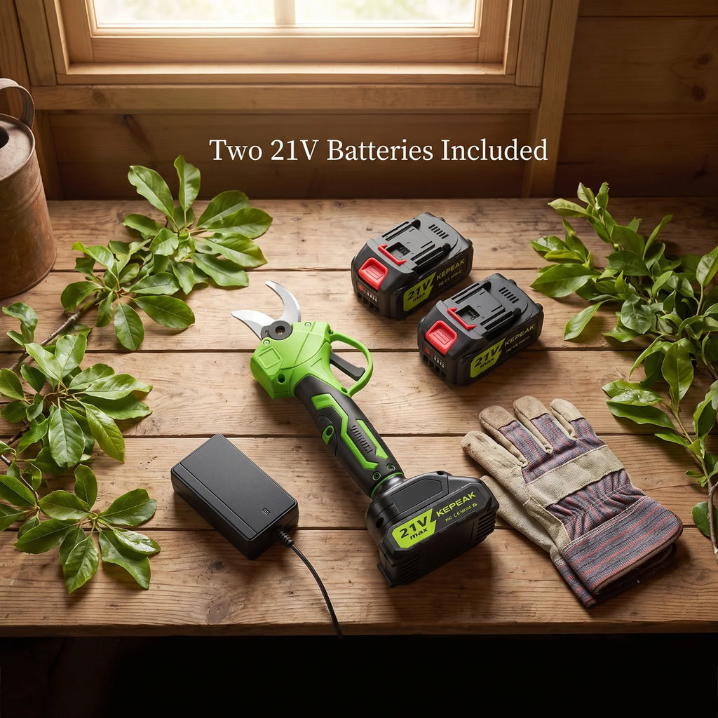 Kepeak Green Cordless Electric Pruner Tree Branch Cutter SK5 Sharp Blade 1.18 Inch Cut 10 Cells Two Batteries One Charger 13000mAh Rechargeable Battery 60 Min Fast Charging Lightweight Ergonomic For Orchard Garden Farm Prunin