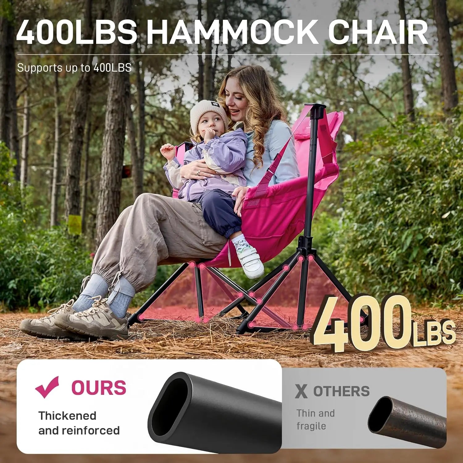 Padded Oversized Hammock Camping Chair, Compact Heavy Duty Swing Chair with Multi-Storage Pockets, Portable Folding Rocking Camp