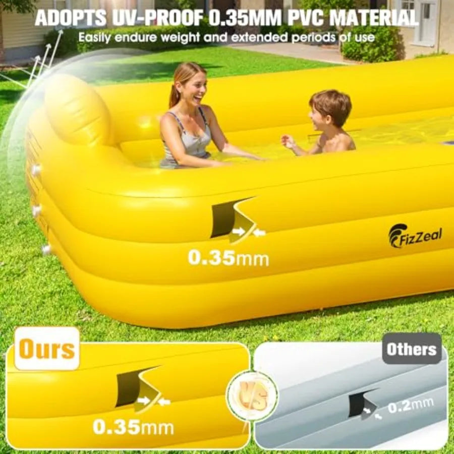FizZeal Backyard inflatable pool for kids and adults PVC material blue solar-powered lights durable thickened design 100"x63"x22"