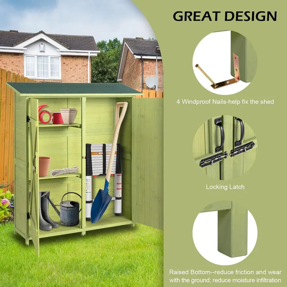 Extra Large Outdoor Wooden Storage Shed with 2 Shelves, Light Green Garden Tool Cabinet for Lawn Equipment