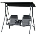 Outsunny 2-Seat Outdoor Porch Swing, with Pivot Storage Table, Cup Holder, & Adjustable Overhead Canopy, Stand's Skid-Resistant Feet Pad, Breathable Mesh Seat, Steel Frame, for Patio, Black