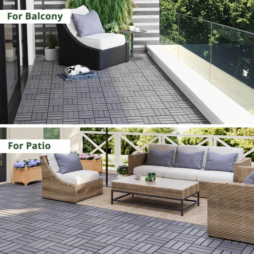 Acacia Wood Deck Tiles, Interlocking Outdoor Indoor Flooring Mats. (12x12 Pack 30, Light Gray)