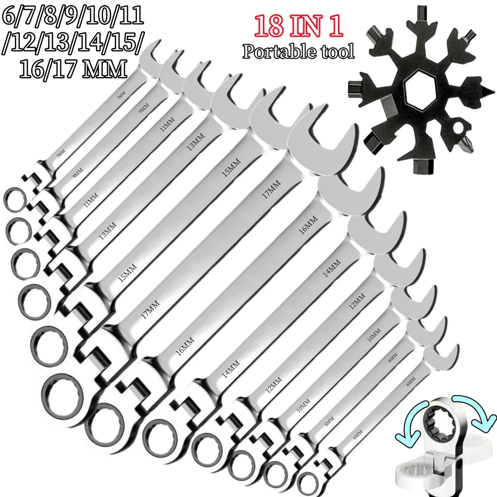 Flexible Ratcheting Combination Wrench Set, 6-17mm Metric Key Wrench Ratchet Spanner Metric Hand Tool Sets, Car Repair Tools