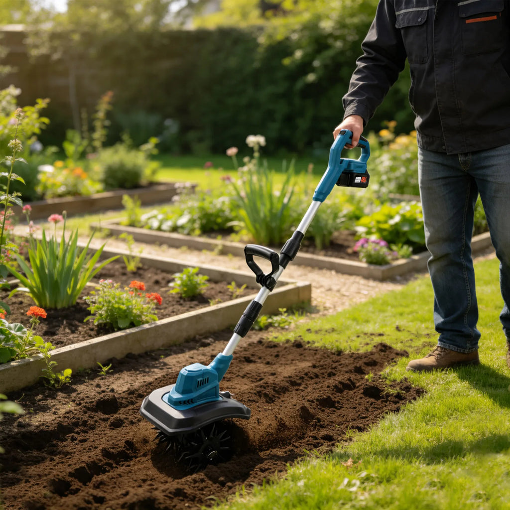 Electric Garden Cultivator 21V, 300RPM Handheld Soil Loosener 9in Width, 2 x 4.0Ah Batteries for Flower Bed Vegetable