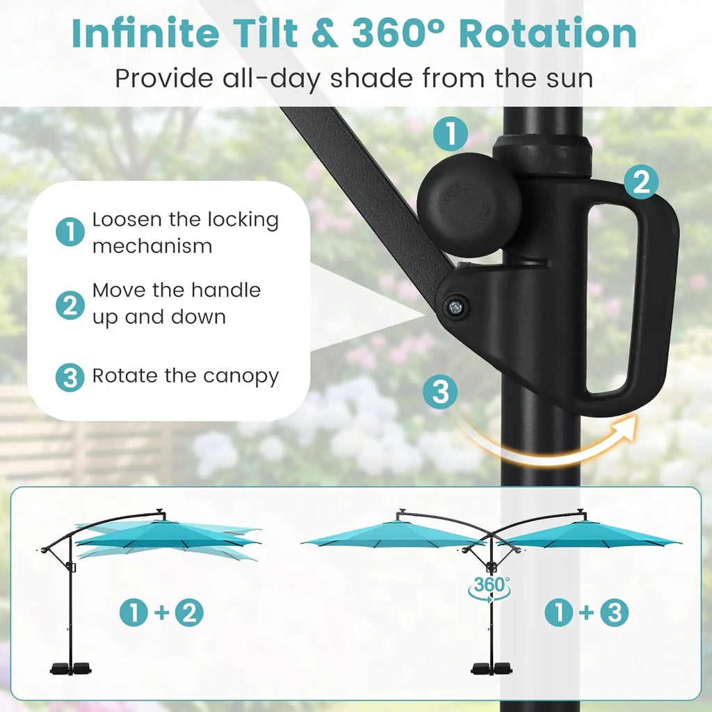 10 FT Solar Patio Umbrella with Base Included, Cantilever Offset Hanging Outdoor Umbrella with 96 Multi-Colored Solar Lights