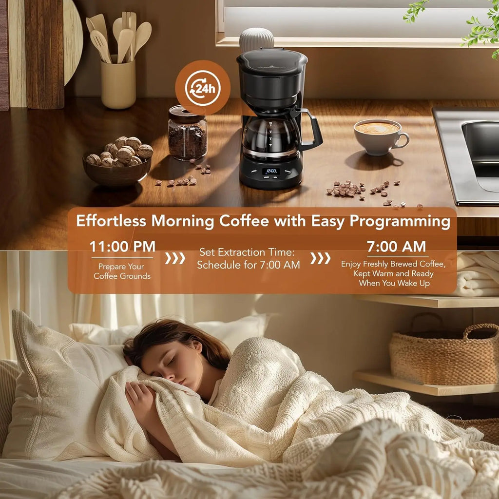 Compact Coffee Machine,5 Cup Drip Coffee Maker with Timing Function,2H Auto Power-off, 2H Keep Warm, Pause & Serve, Reusable Filter