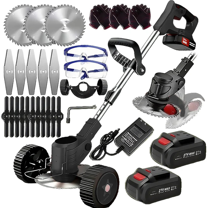 Wireless portable weed trimmer for lawn trimming. The trimmer is equipped with 2 lithium batteries and comes with replaceable blades