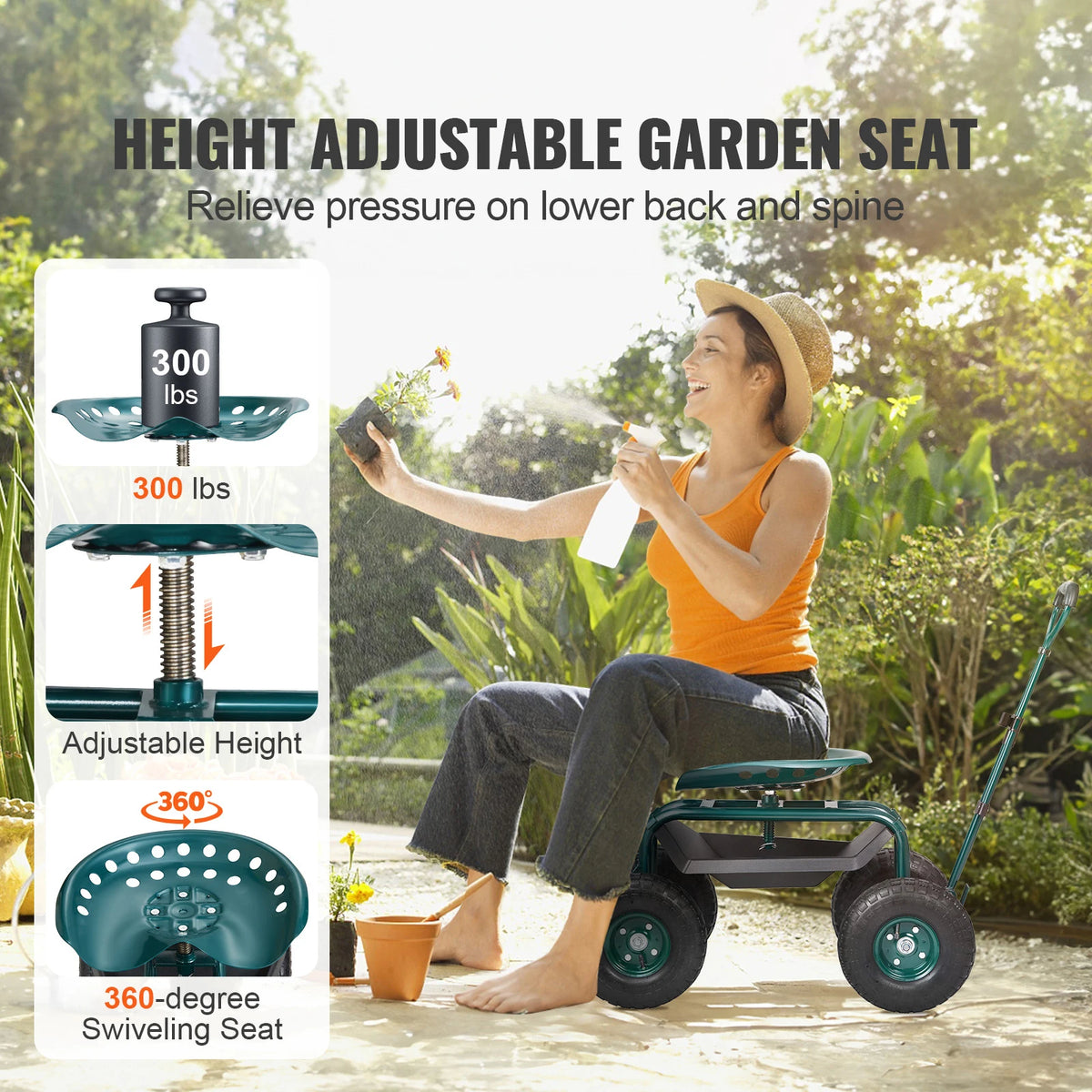 SucceBuy Garden Cart Rolling Work seat with Wheels Gardening Stool for Planting 360Degree Swivel Seat Wagon Scooter with Steering Wheel