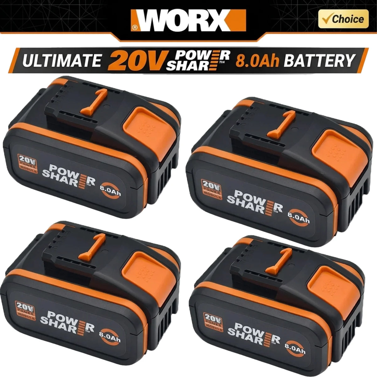 100% Original Worx 20V 8.0Ah Lithium Battery, Rechargeable WA3553 WA3551 WA3553.1 WA3570 for All WORX Electric and Garden Tools