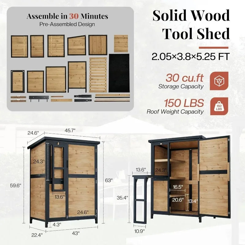 Jocisland Solid Fir Wood Outdoor Storage Shed,Garden Tool Shed with Foldable Workbench, Adjustable Shelves,Sloping Roof