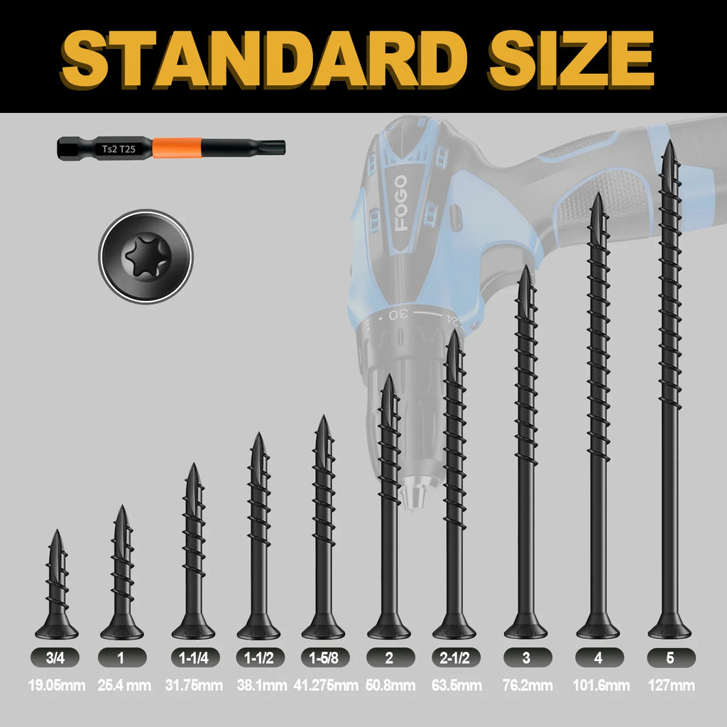 VKKM 250Pcs Black Wood Screws #8x1.5", T25 Star Drive Self Tapping with 50mm Free Bit, Heavy Duty Anti-Rust for Deck Furniture Woodworking DIY