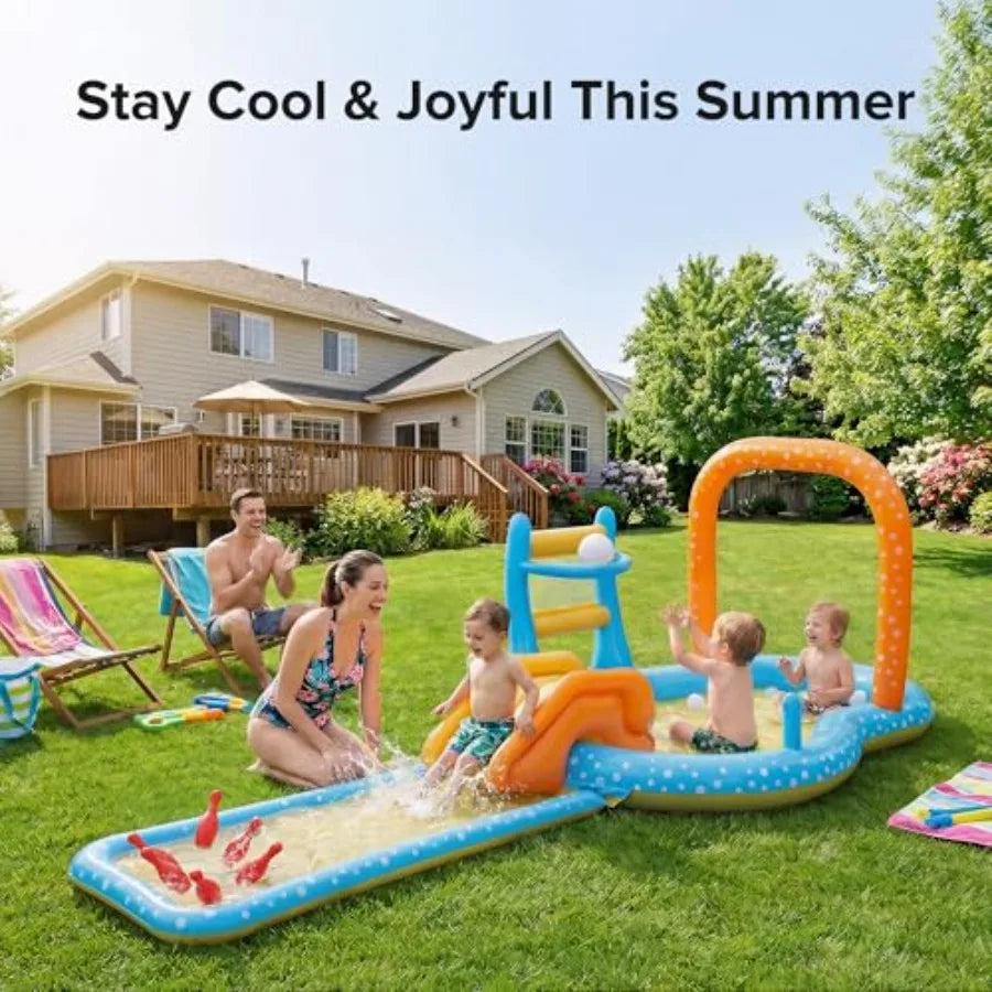 Outdoor backyard inflatable kiddie pool with slide for toddlers PVC material blue and yellow quick-inflate design and splash pool Kiddie Pool With Basketball hoop