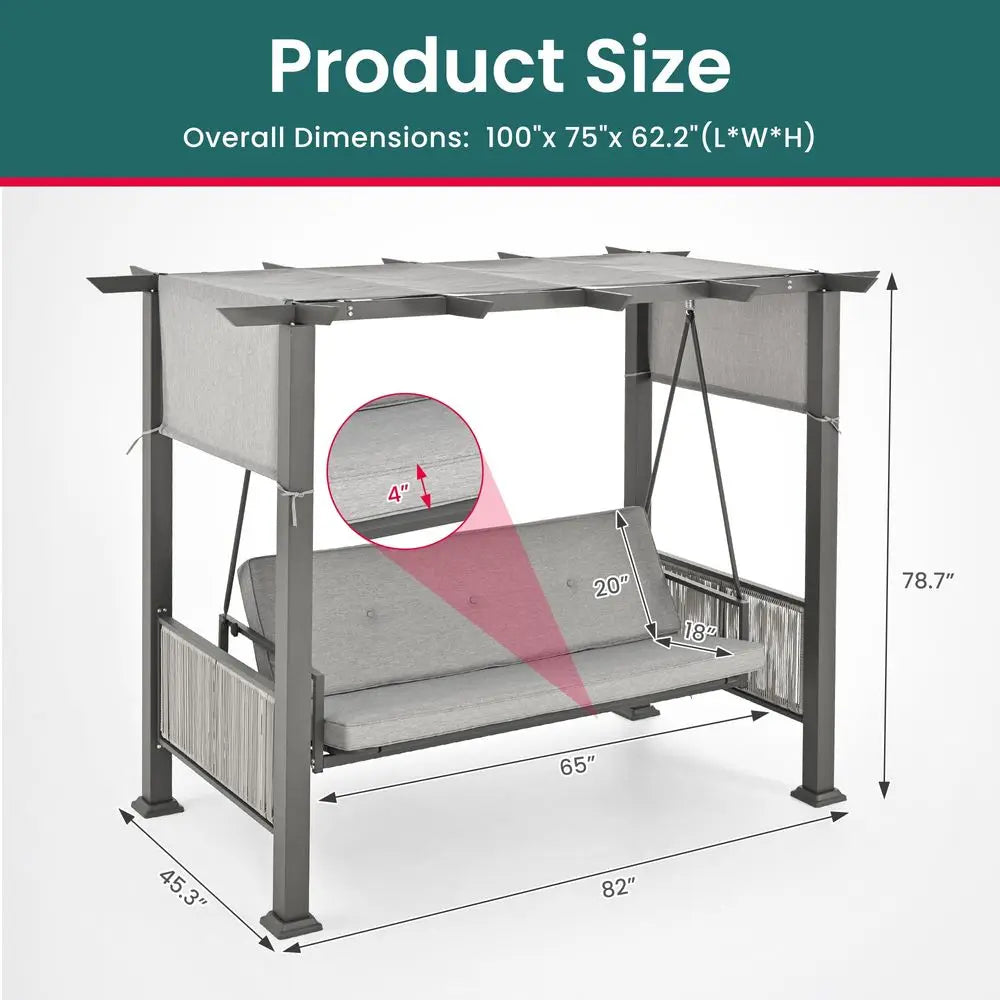 Seat Pergola Swing Bench, 2in1 Porch Swing Bed, Garden Swing Adjustable UV Canopy amp Curtains, Olefin Cushions, 330 lb Seat, R