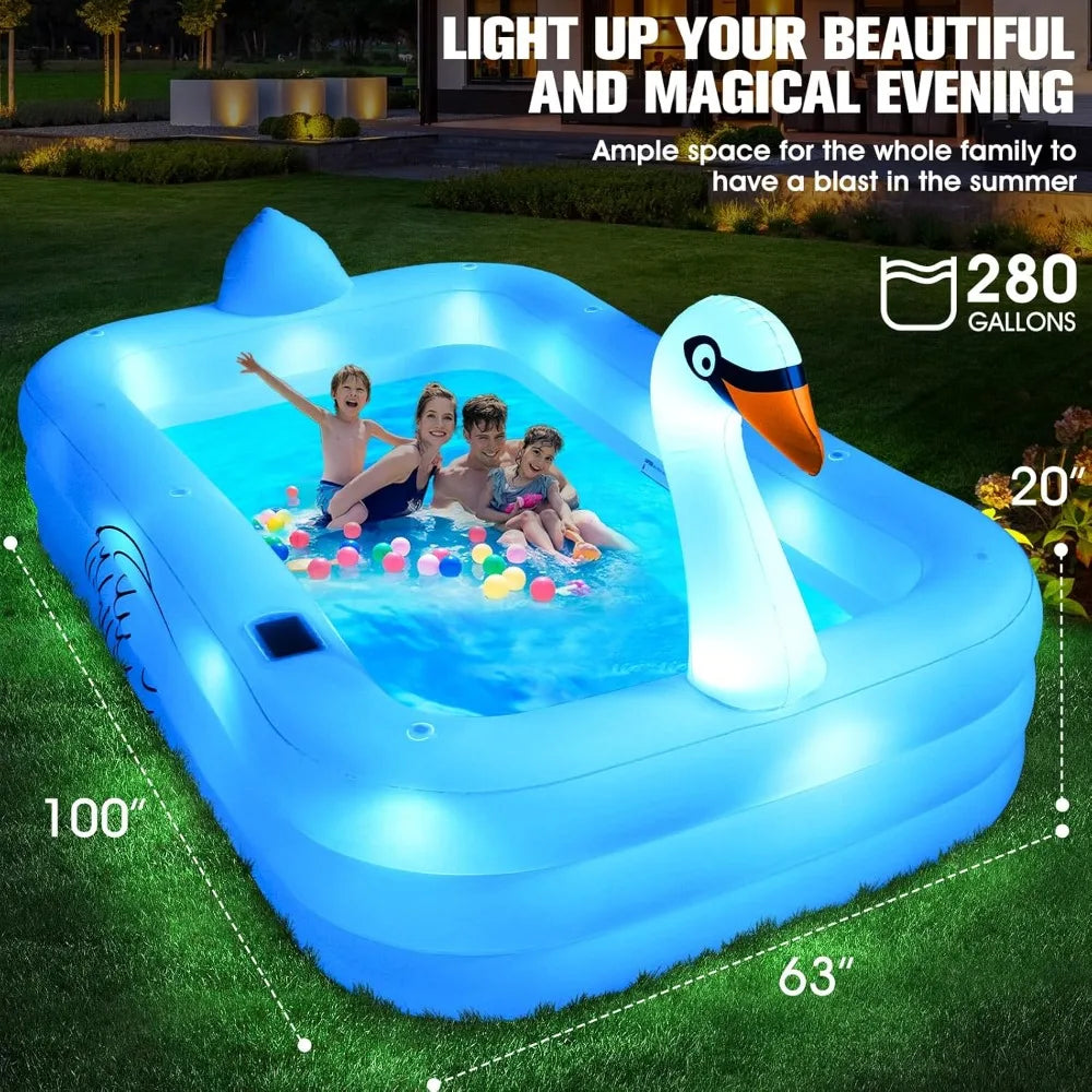 Solar Swan Inflatable Pool with Lights, Oversized Thickened Family Pool 100"x63"x20"