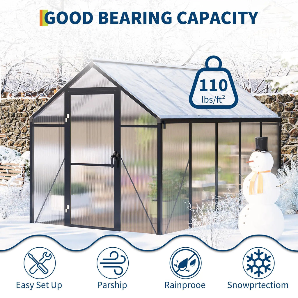 HiMiss 6x10 FT Polycarbonate Greenhouse For Outdoors, Aluminum Walk-In Greenhouse With Roof Vent & Lockable Door For Garden Backyard