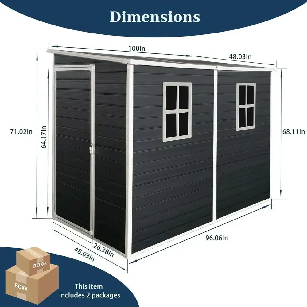 4x8 Outdoor Resin Storage Shed with Floor, 2 Windows, Ideal for Garden Tools and Bicycle Storage