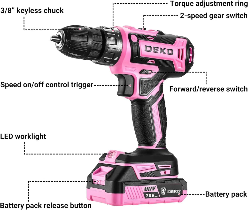 20 Volt Power Drill, Cordless, Tool Set for Women, With Bits, Battery And Charger