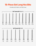 SucceBuy Extra Long Allen Hex Bit Socket Set 18-Piece 3/8 inch Drive S2 Alloy Steel and Cr-V Steel Standard SAE and Metric