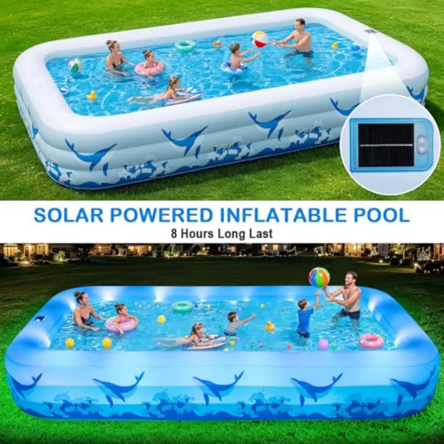 Large Inflatable Pool with Light, 12TF x 6.5TF Inflatable Swimming Pool for Adults, Solar Powered Blow Up Pool, Oversized, Thickened Material