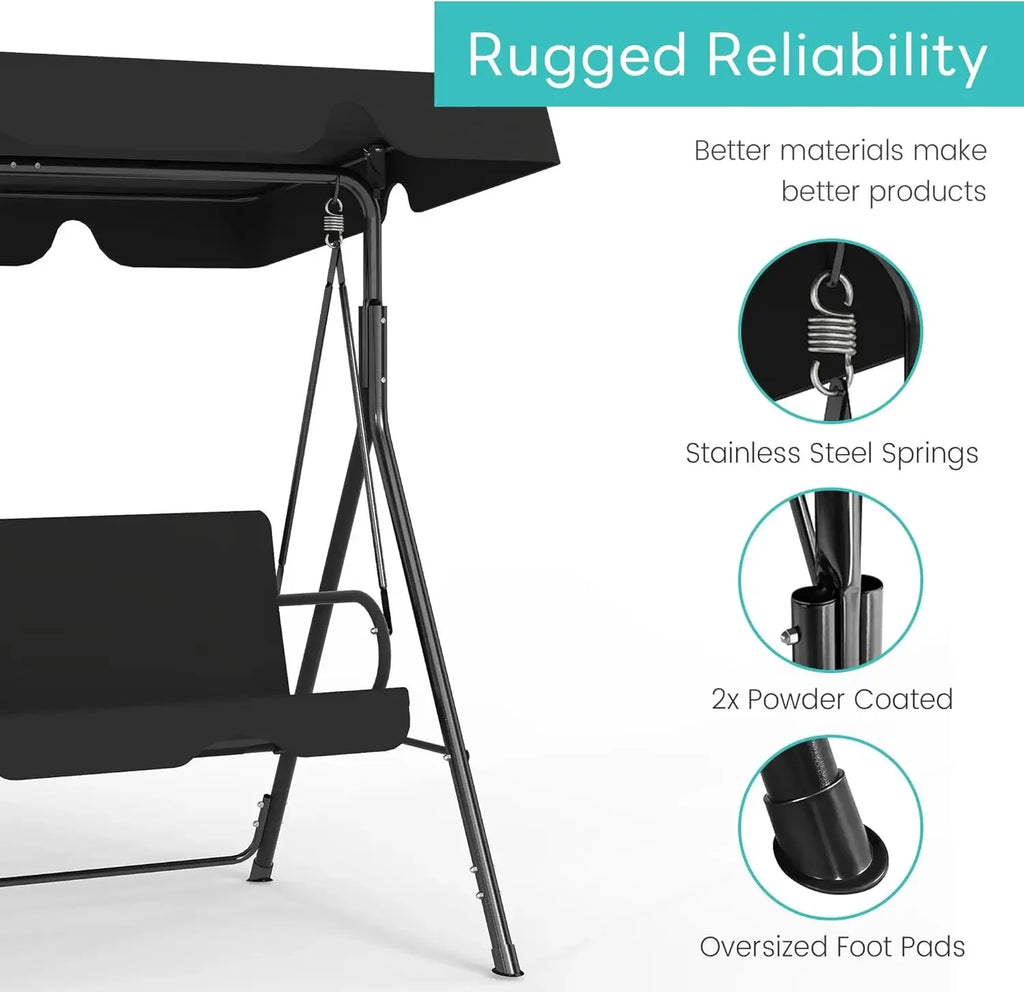 Outdoor Patio Swing W/Adjustable Canopy Heavy Duty Stand Three Persons Deck Lawn Backyard Porch Black