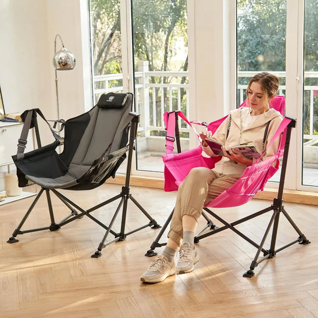 Padded Oversized Hammock Camping Chair, Compact Heavy Duty Swing Chair with Multi-Storage Pockets, Portable Folding Rocking Camp