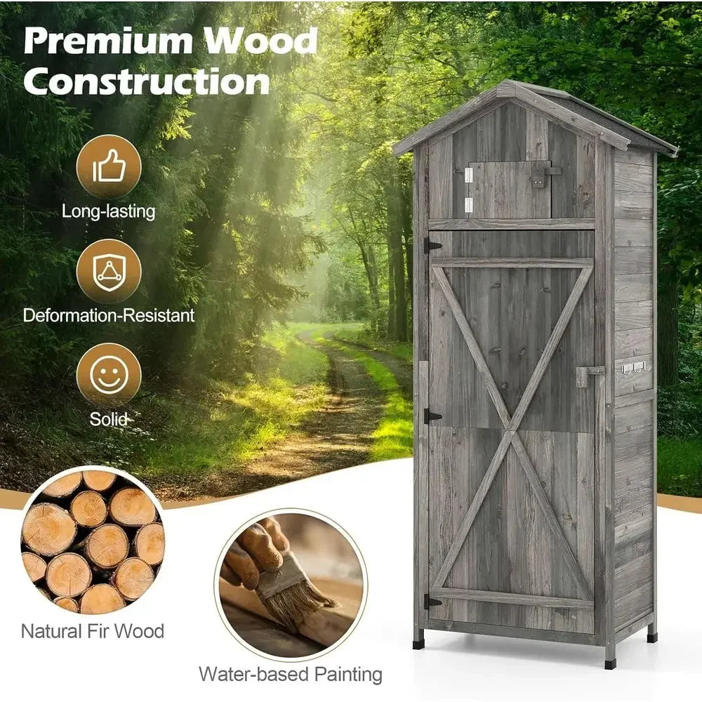 70 Tall Outdoor Wooden Storage Shed with Folding Table and Removable Shelves for Garden, Patio, or Backyard (Grey, 30x20x70)