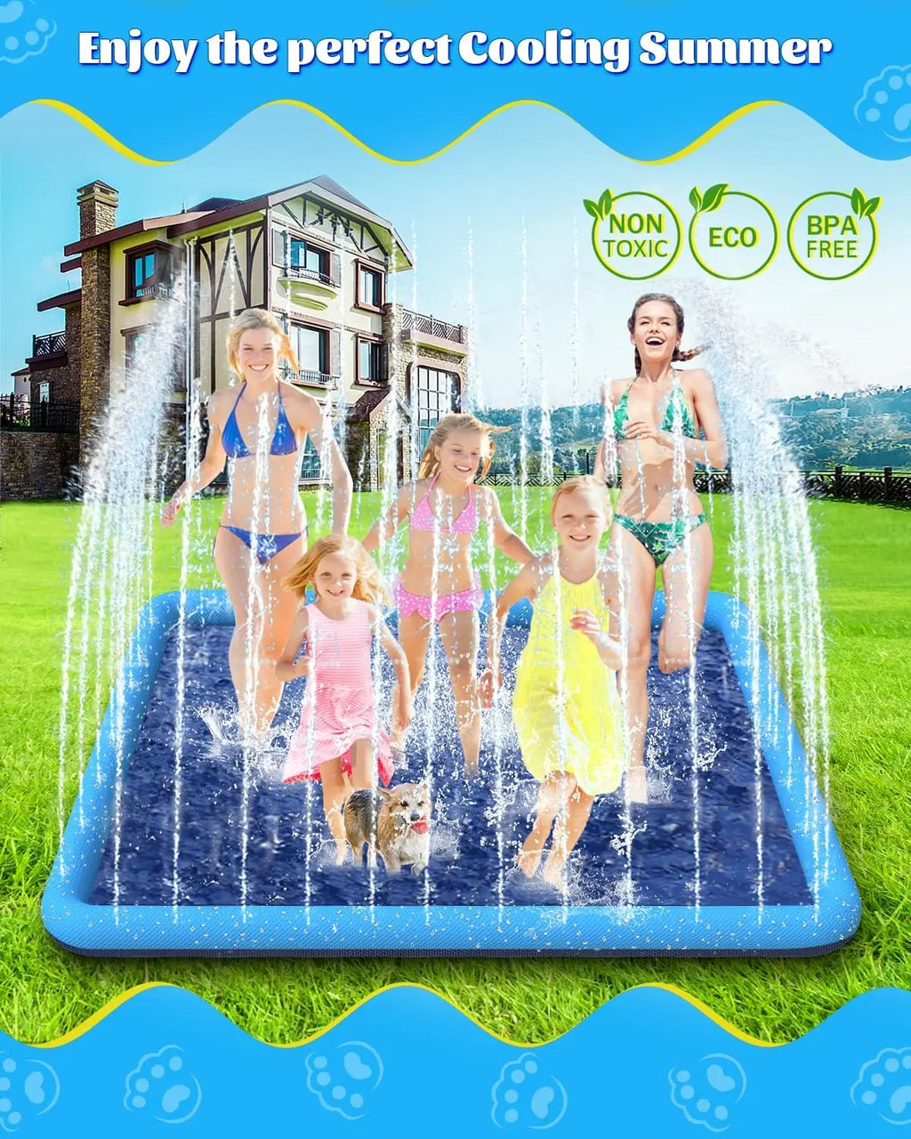 Raxurt Kiddie Sprinkler Pool PVC Material Large Size Non-Slip With Sprinkler Summer Blue