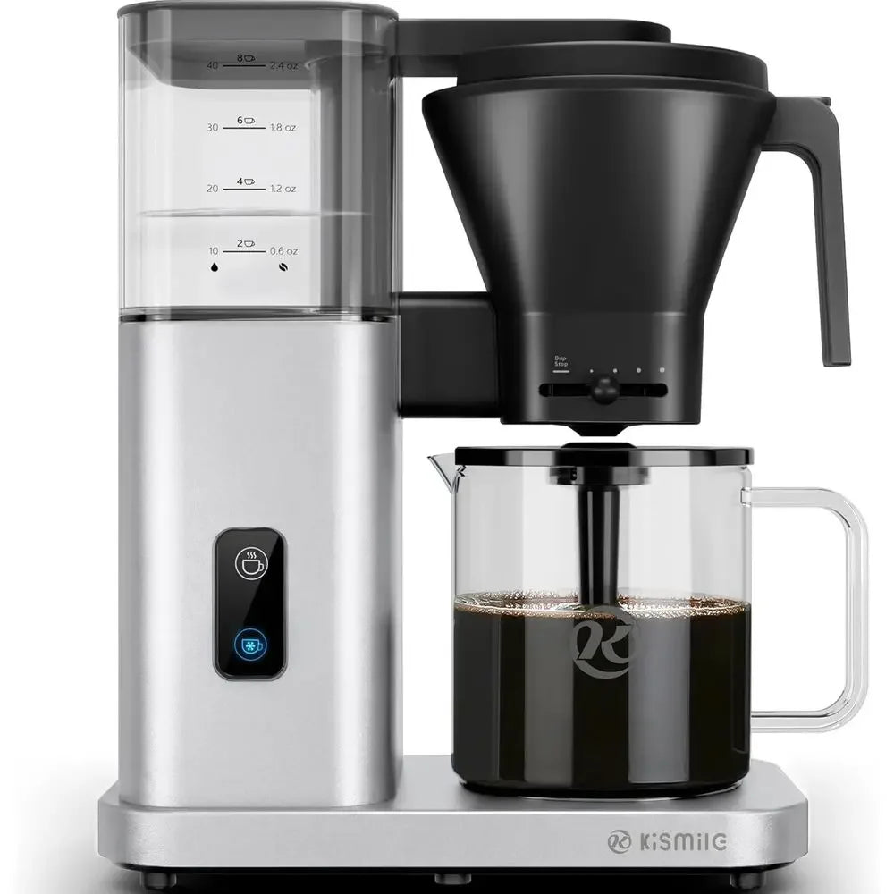 KiSMilE 8-Cup Drip Coffee Maker with Pour Over, 197-205℉ Heat Control, Removable Tank, Cold Brew & 40 Min Warming (Silver)