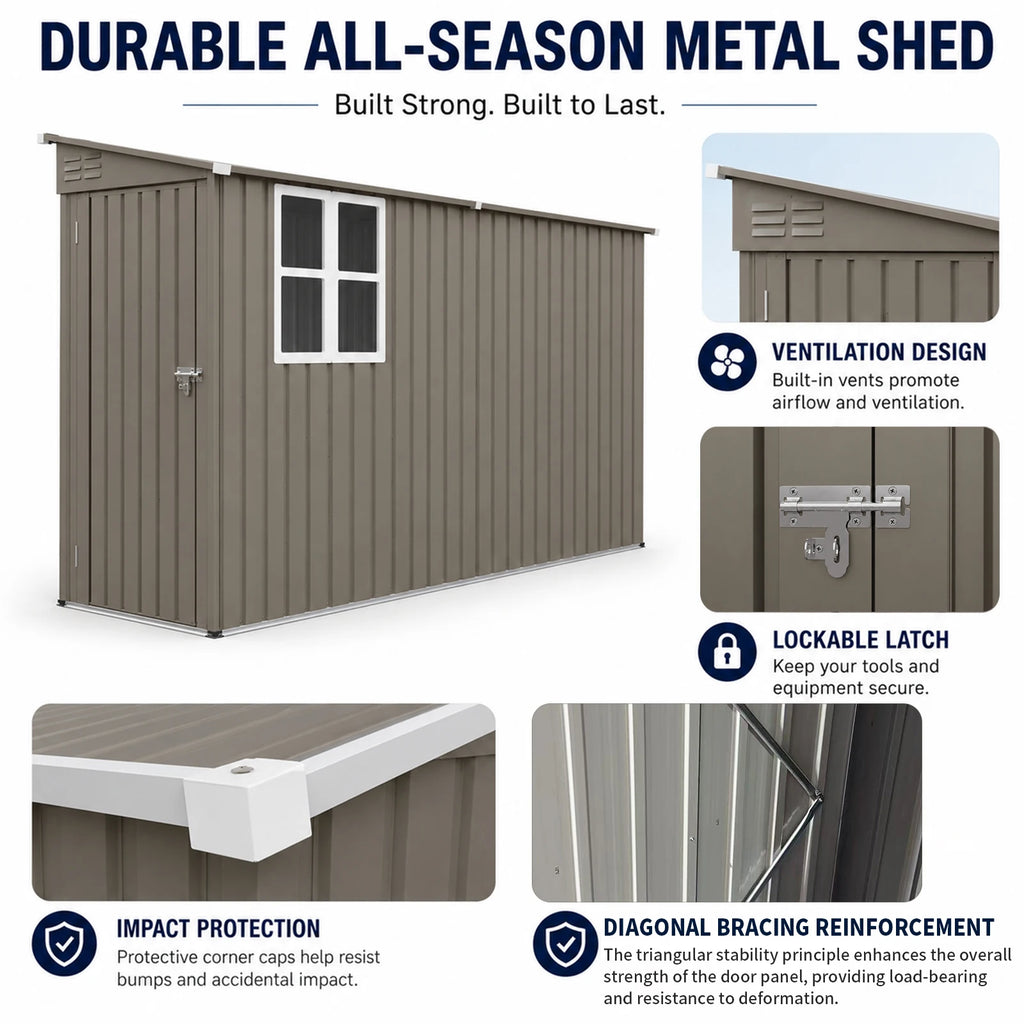 4x9FT Olive Grey Metal Storage Shed, Galvanized Steel Tool House with Window & Thick Frame, Outdoor Garden Equipment Organizer for Backyard