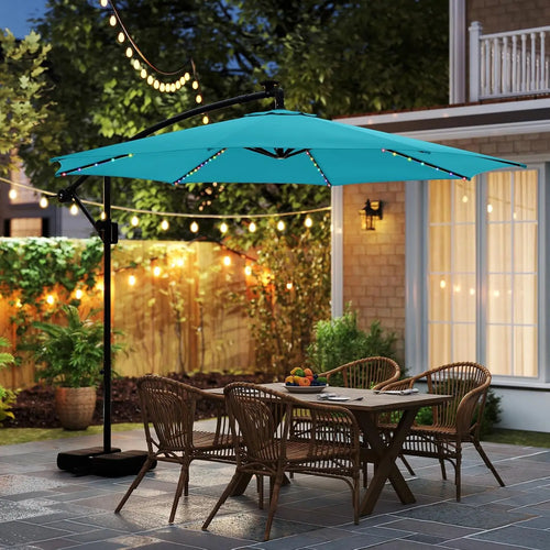 10 FT Solar Patio Umbrella with Base Included, Cantilever Offset Hanging Outdoor Umbrella with 96 Multi-Colored Solar Lights
