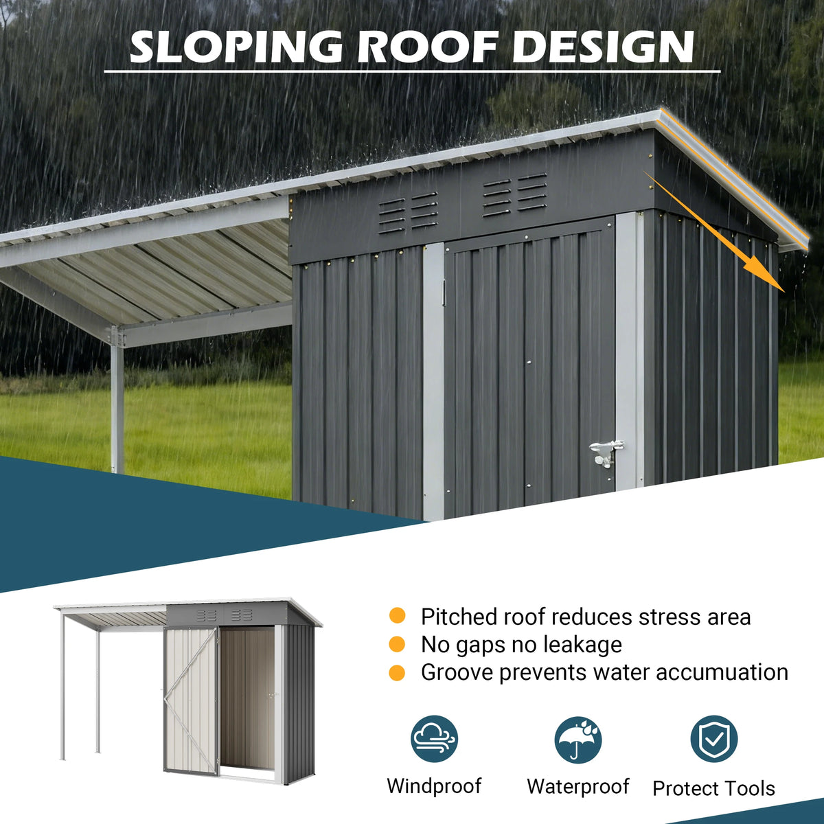 Thanaddo 5x3 FT Metal Outdoor Storage Shed with Attached Hardtop Pergola, Lockable Double Door Garden Tool House with 2 Air Vents, Sloped Weatherproof Roof